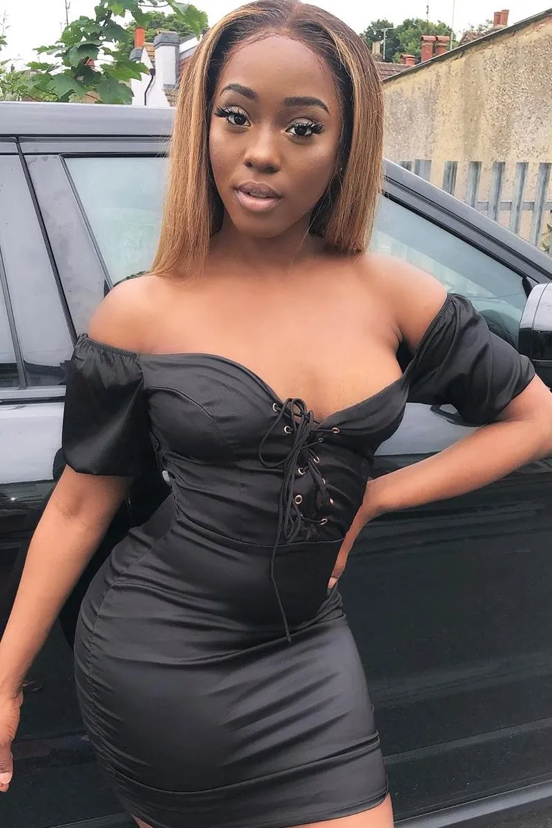 Black Lace Up Detail Satin Mini Dress - Tinslee