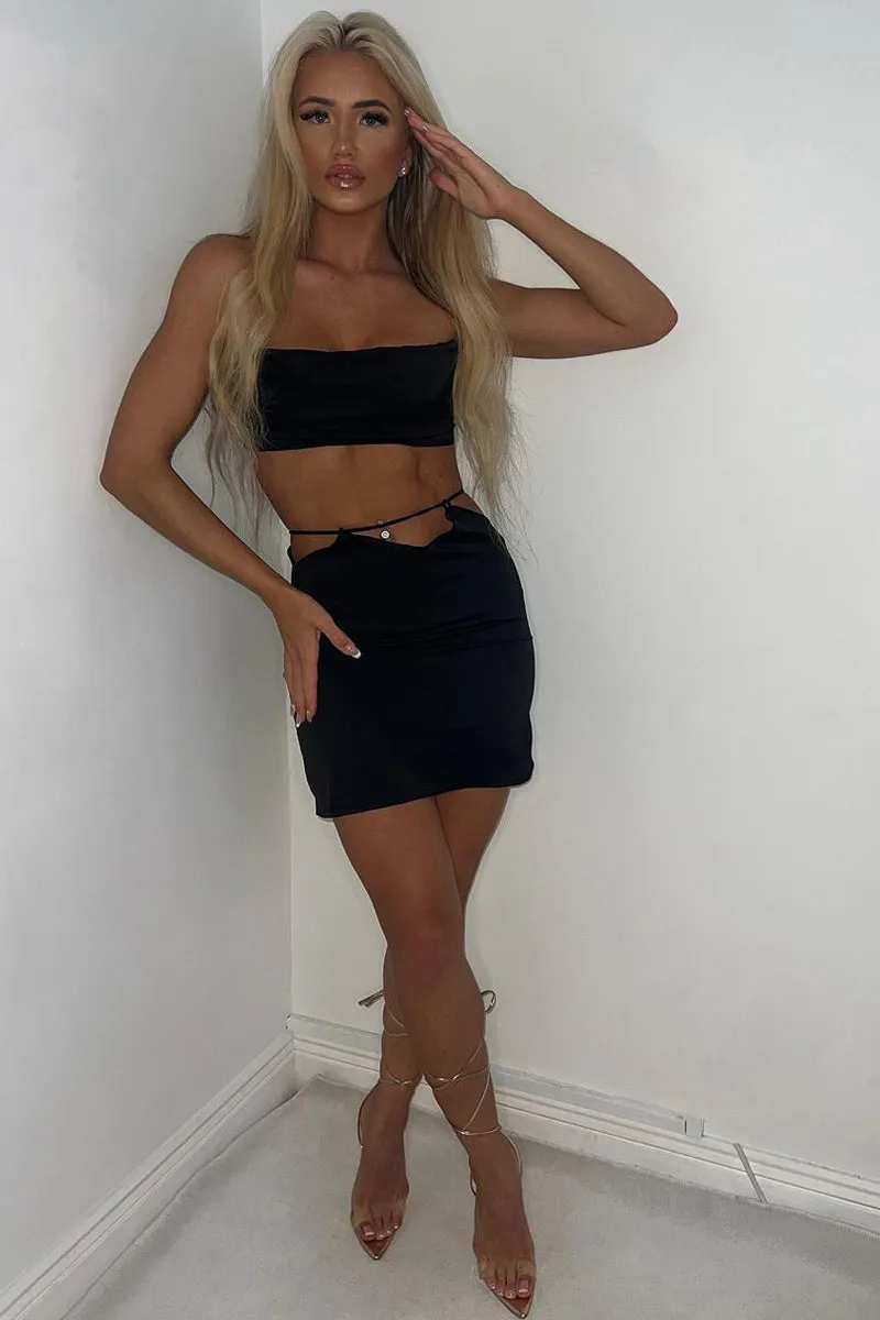 Black Satin Cowl Neck Crop Top - Val