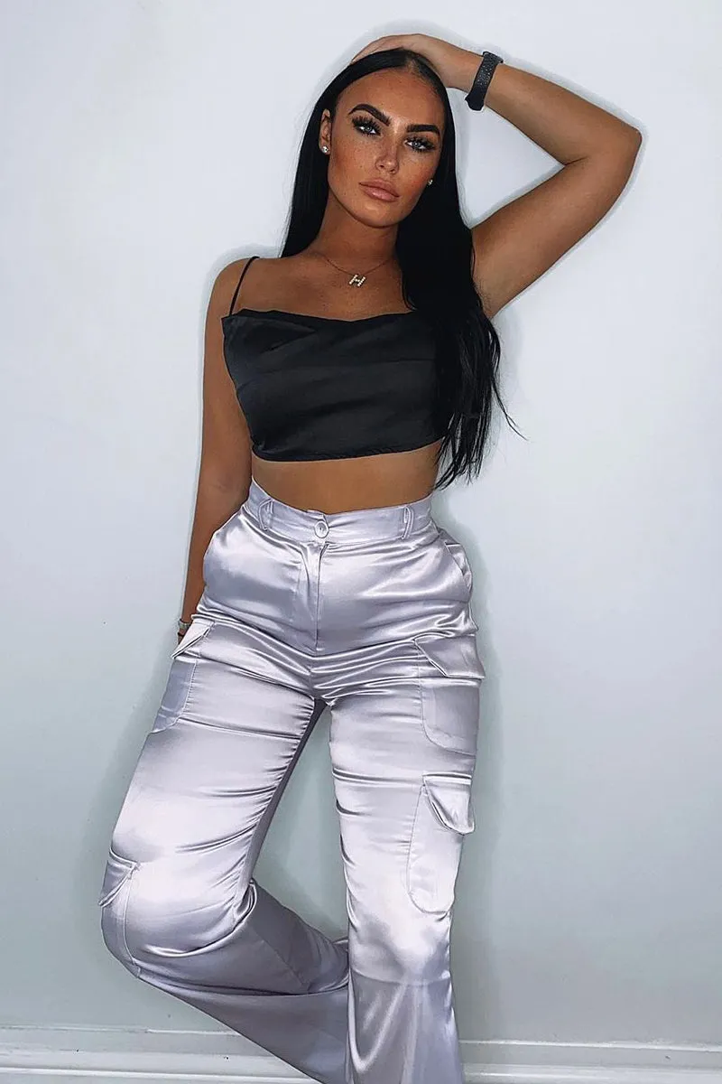 Black Satin Cowl Neck Crop Top - Val