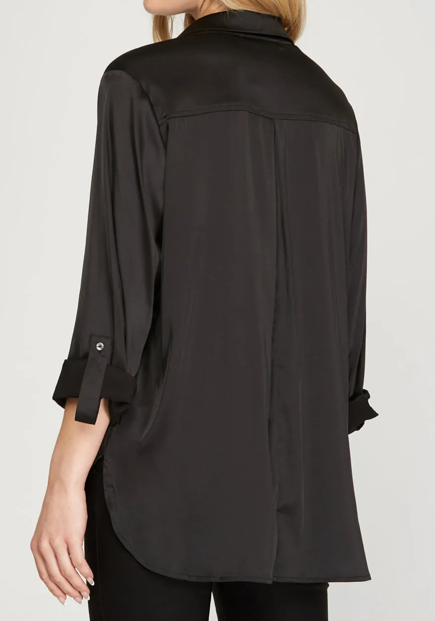 Black Satin Long Sleeve Button Up Top
