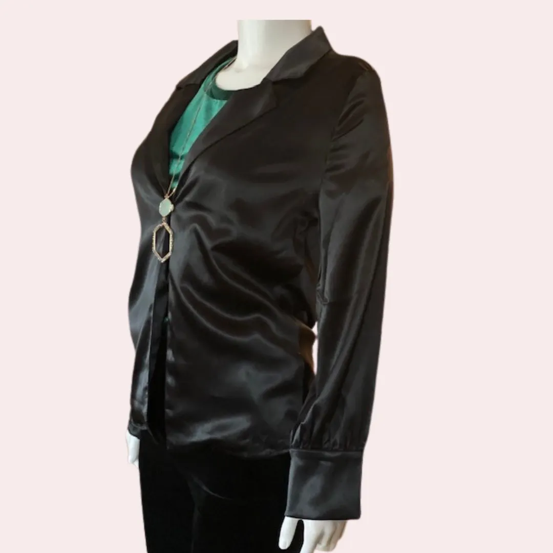 Black satin one button curved hem top