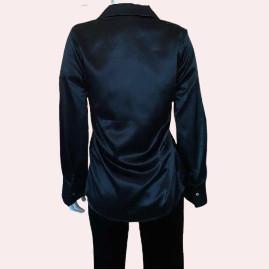 Black satin one button curved hem top