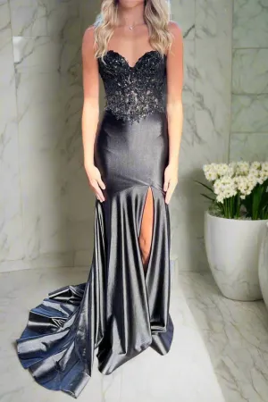 Black Strapless Sweetheart Appliques New Arrival  Party Dress with Slit