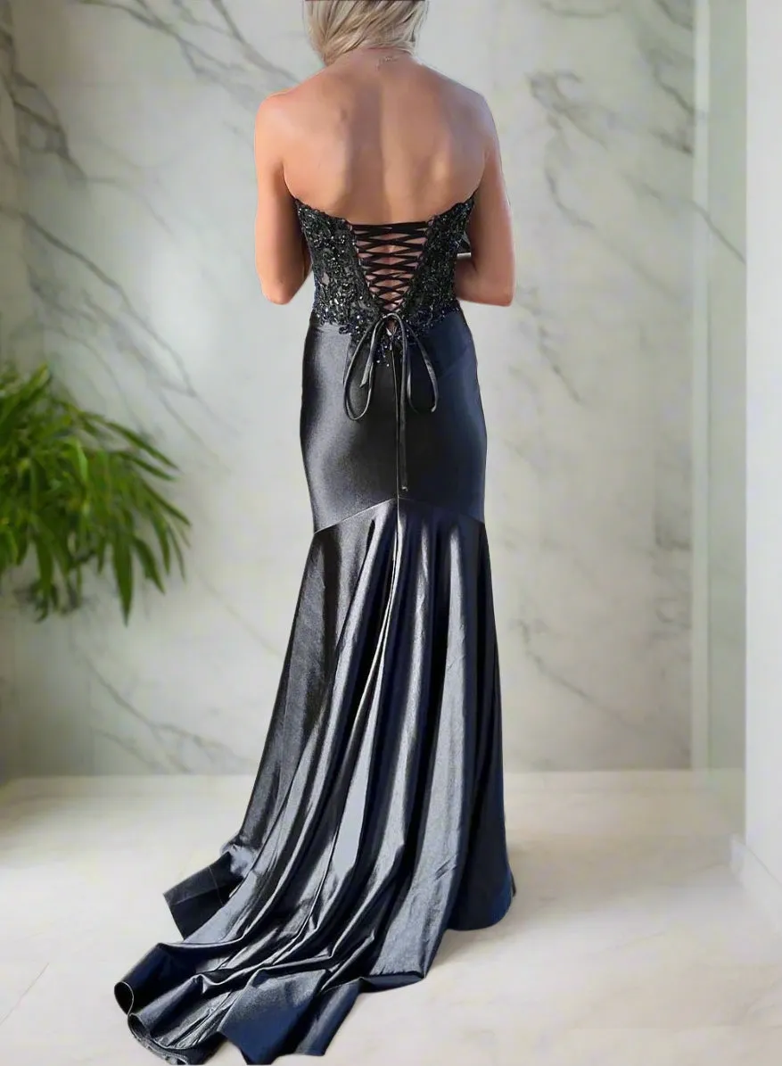 Black Strapless Sweetheart Appliques New Arrival  Party Dress with Slit