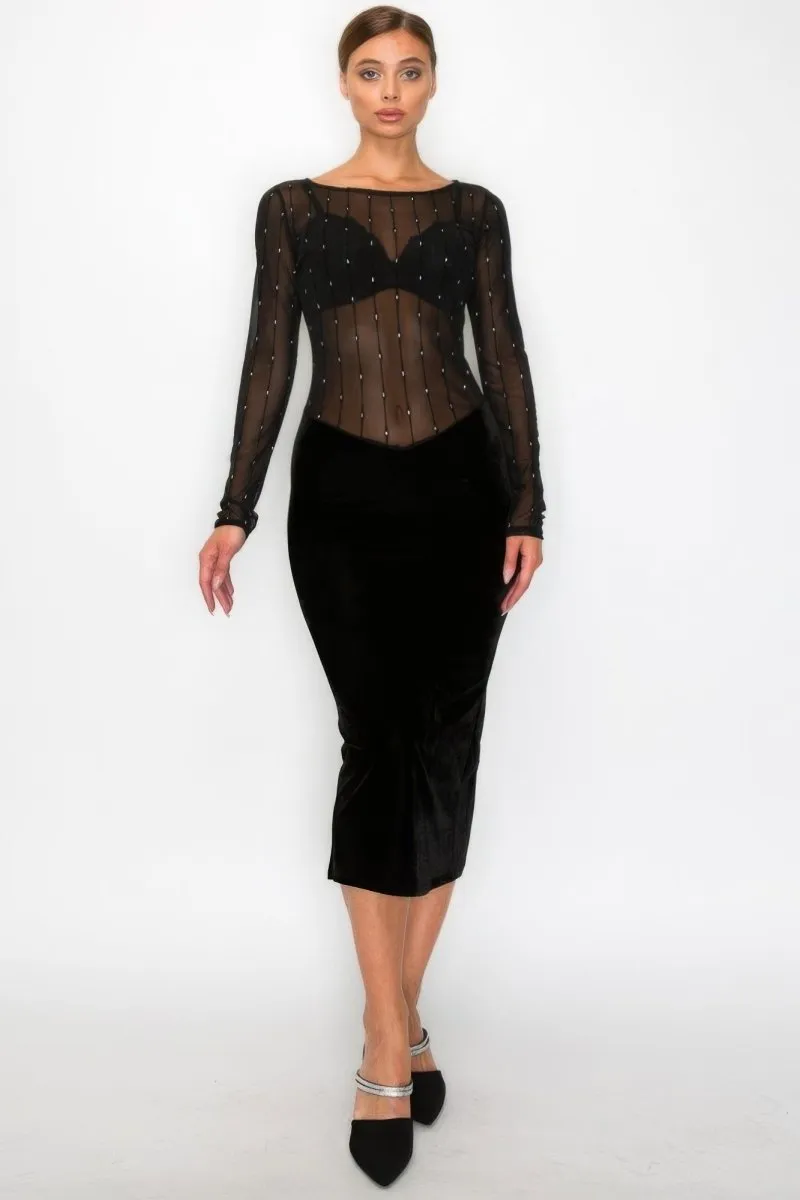 Black Velvet Dress - Sheer Contrast Holiday Midi