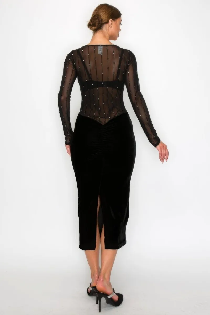 Black Velvet Dress - Sheer Contrast Holiday Midi