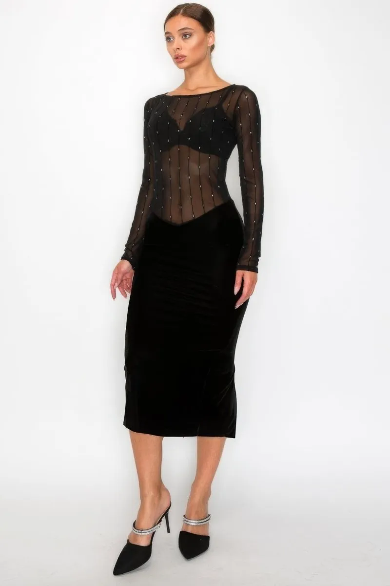 Black Velvet Dress - Sheer Contrast Holiday Midi