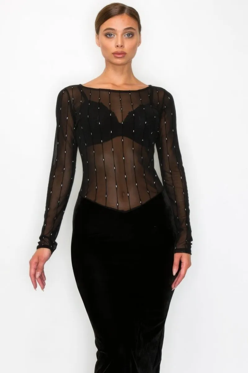 Black Velvet Dress - Sheer Contrast Holiday Midi