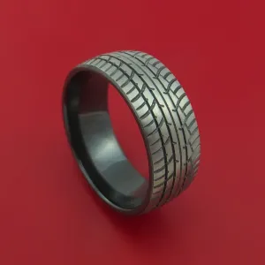 Black Zirconium Ring with Tire Tread Pattern Inlay Custom Made Band