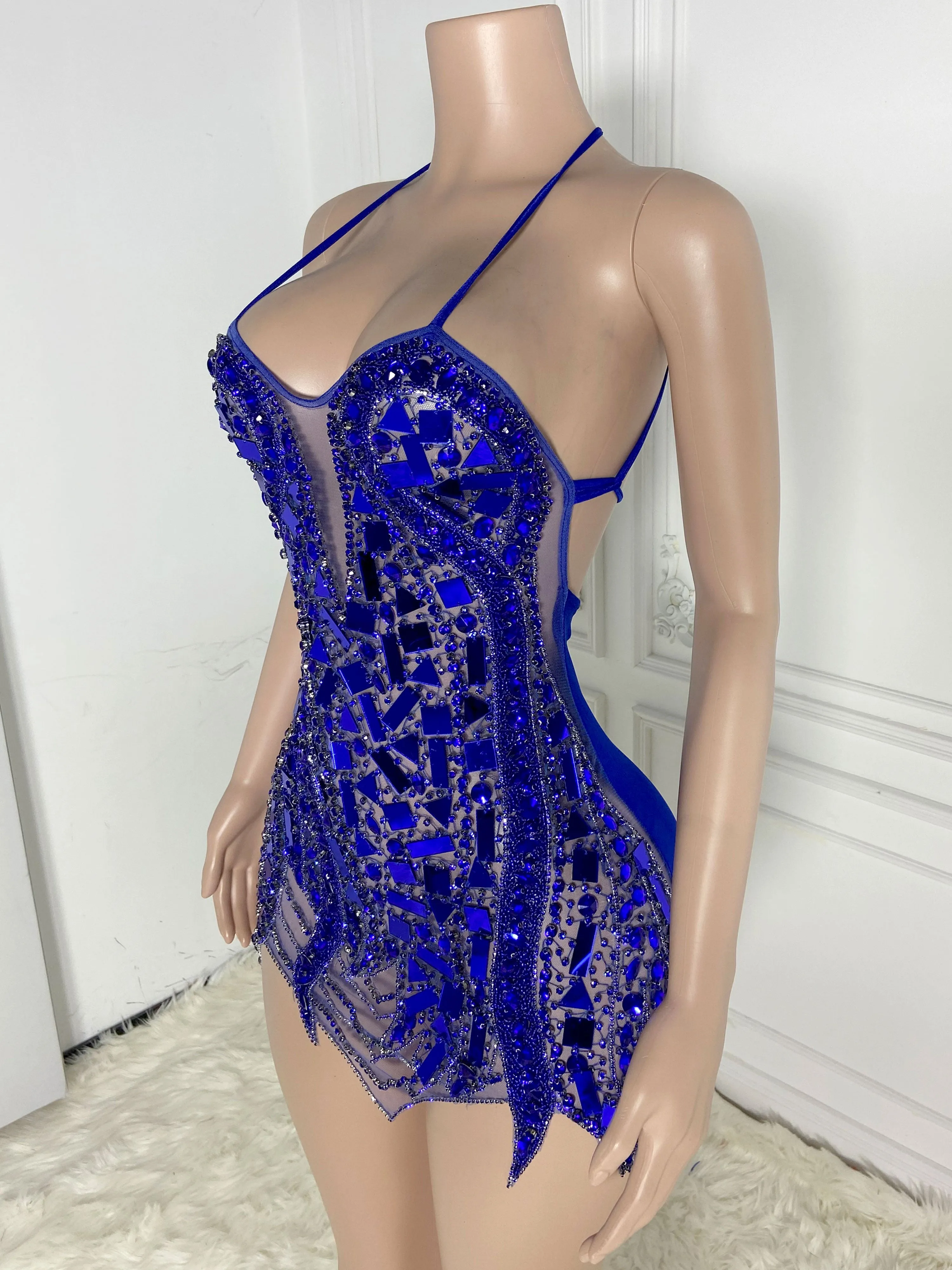 Blue Big Rhinestone Charm Mini Dress