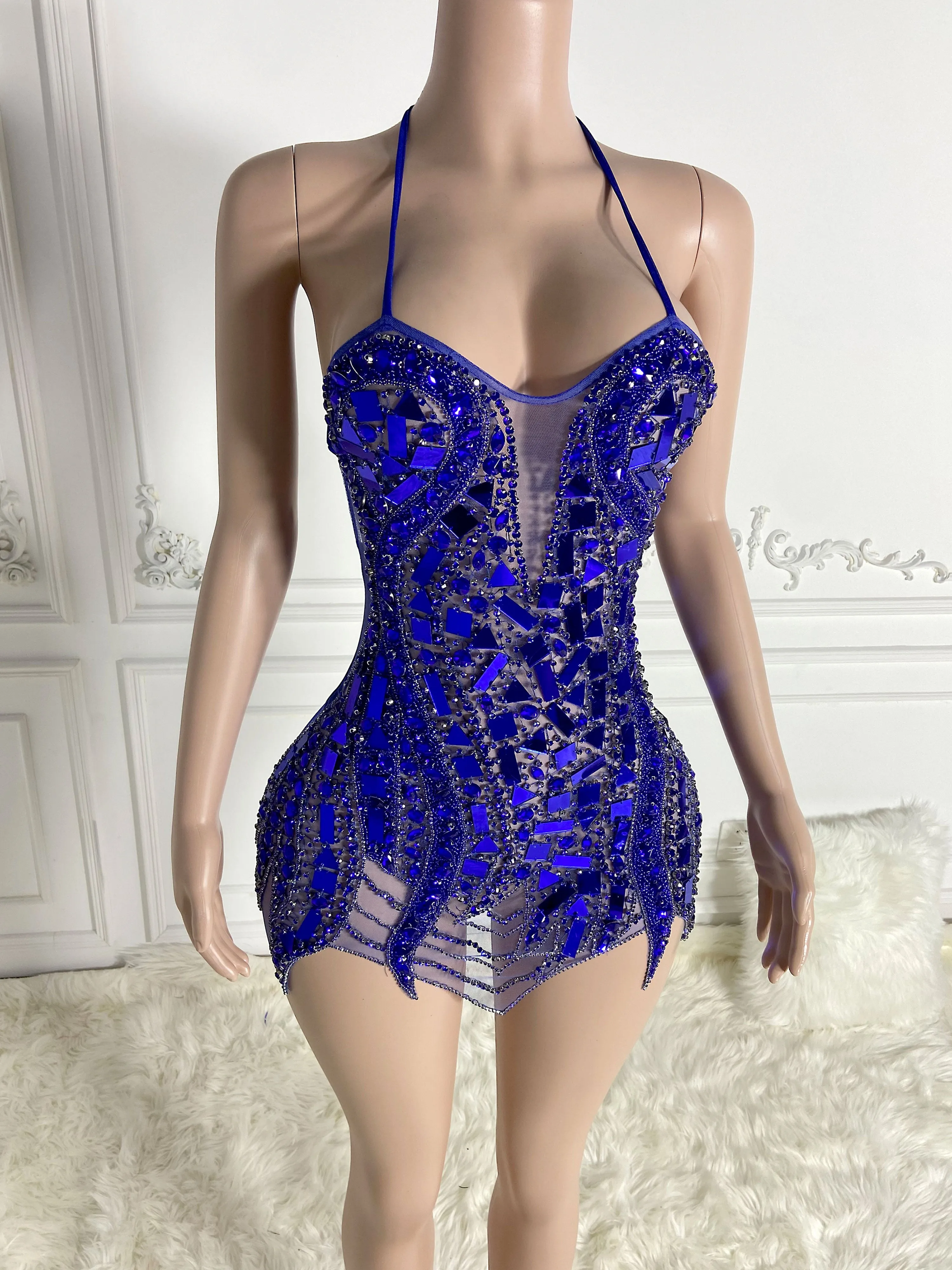Blue Big Rhinestone Charm Mini Dress