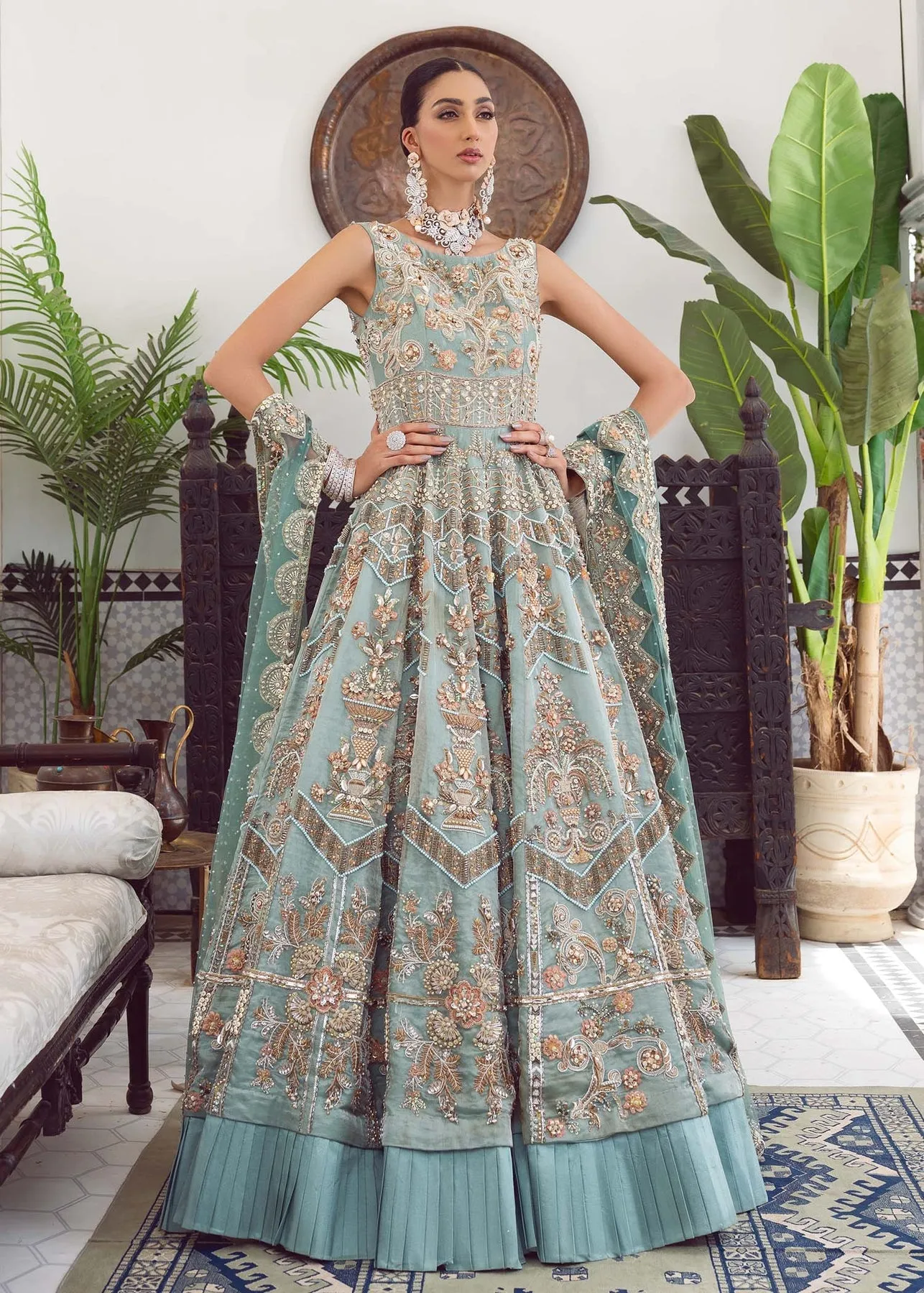 Blue Bridal Dress Pakistani in Embellished Gown Style