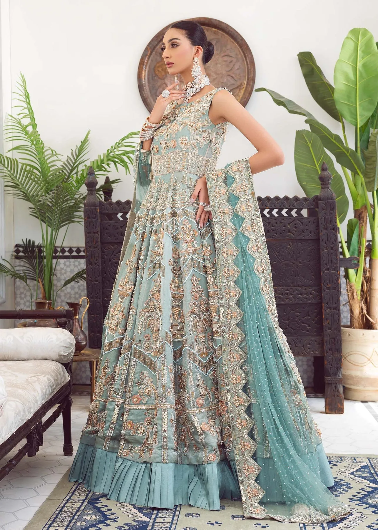 Blue Bridal Dress Pakistani in Embellished Gown Style