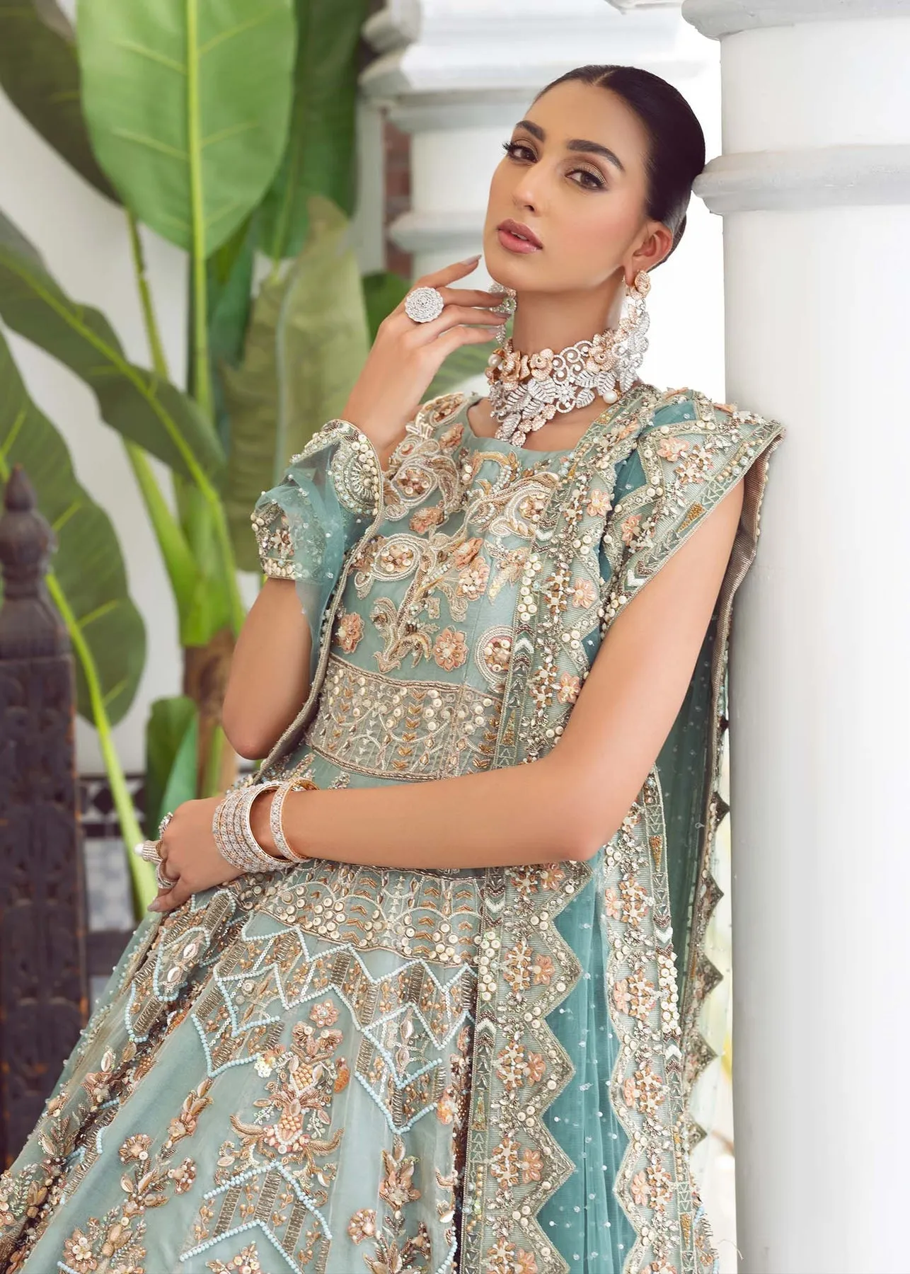 Blue Bridal Dress Pakistani in Embellished Gown Style