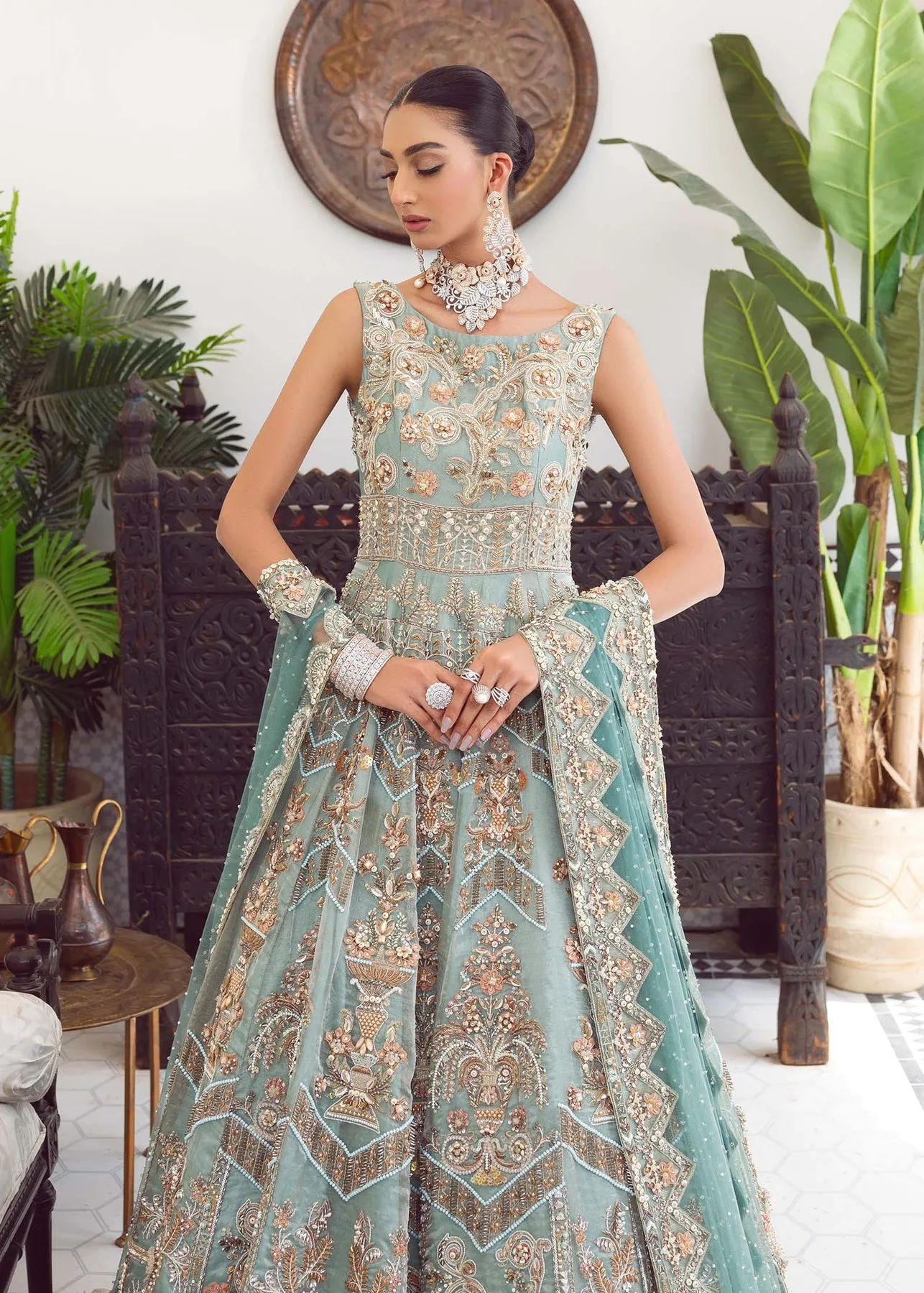 Blue Bridal Dress Pakistani in Embellished Gown Style