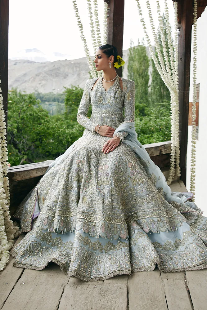 Blue Pakistani Bridal Dress in Lehenga and Gown Style