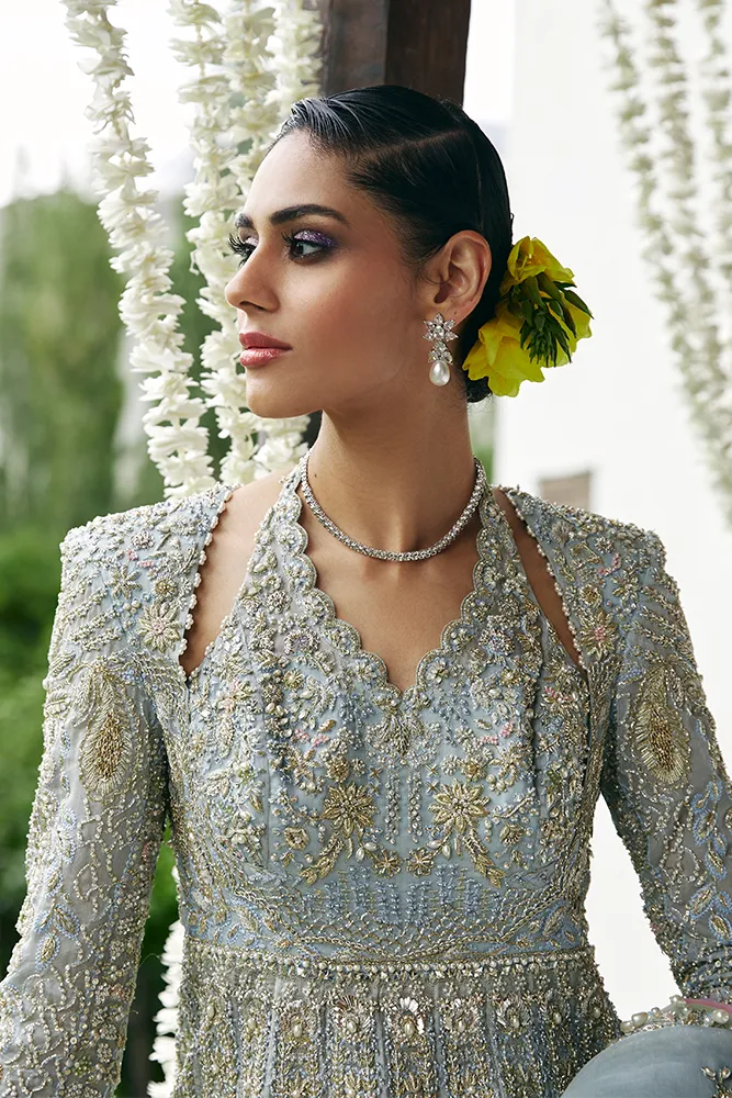 Blue Pakistani Bridal Dress in Lehenga and Gown Style