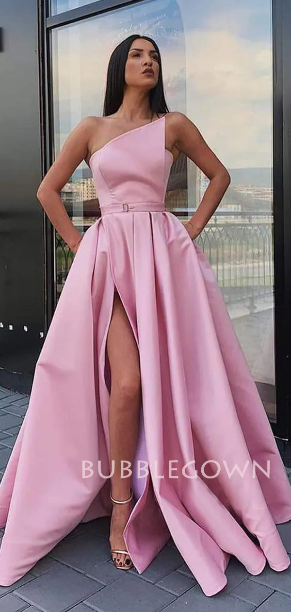 Blue Satin Backless Side Slit A-Line Long Evening Prom Dresses, Cheap Custom Backless Prom Dresses, MR7323
