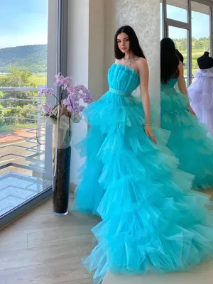 Blue Tulle High Low Prom Dresses, Blue Tulle High Low Long Formal Evening Dresses