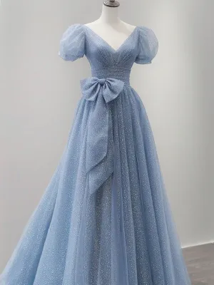 Blue Tulle V Neck Tulle Long Prom Dress, Blue Sweet 16 Dress     fg4465
