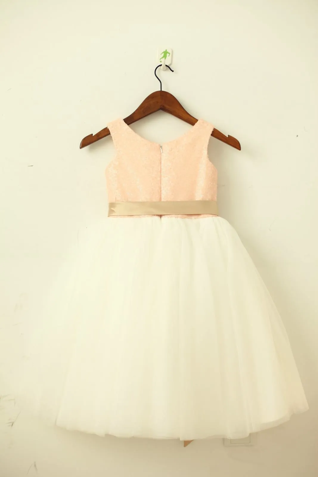 Blush / Gold Sequin Ivory Tulle Flower Girl Dress, Navy/Champagne Sash