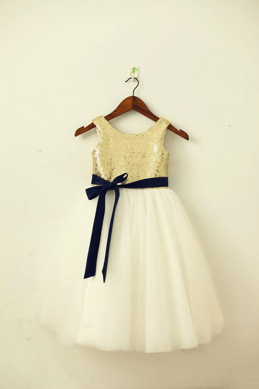 Blush / Gold Sequin Ivory Tulle Flower Girl Dress, Navy/Champagne Sash