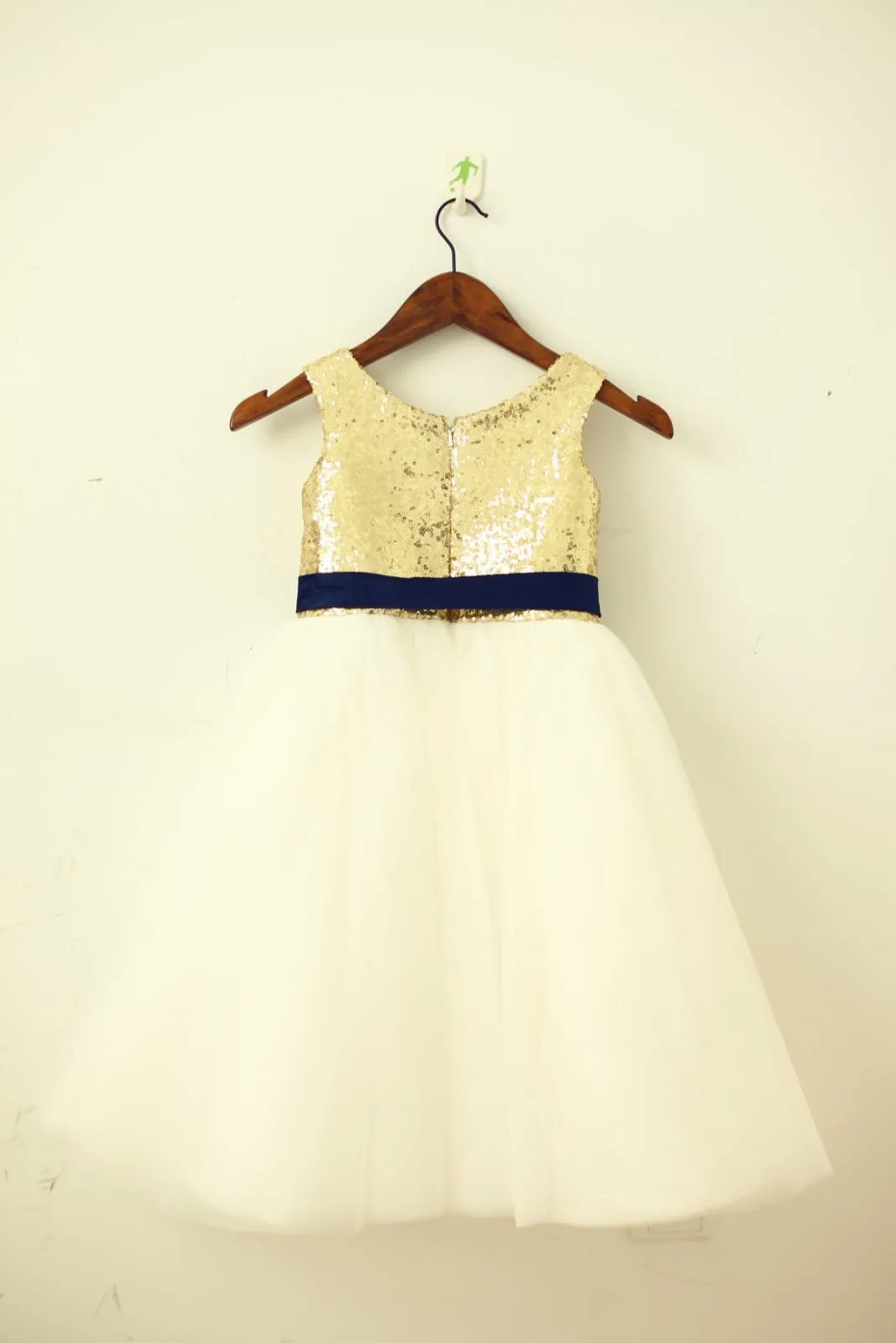 Blush / Gold Sequin Ivory Tulle Flower Girl Dress, Navy/Champagne Sash