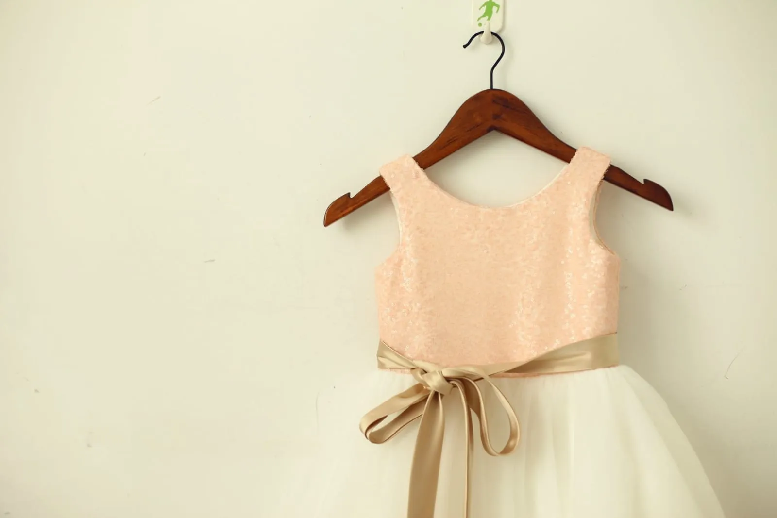 Blush / Gold Sequin Ivory Tulle Flower Girl Dress, Navy/Champagne Sash