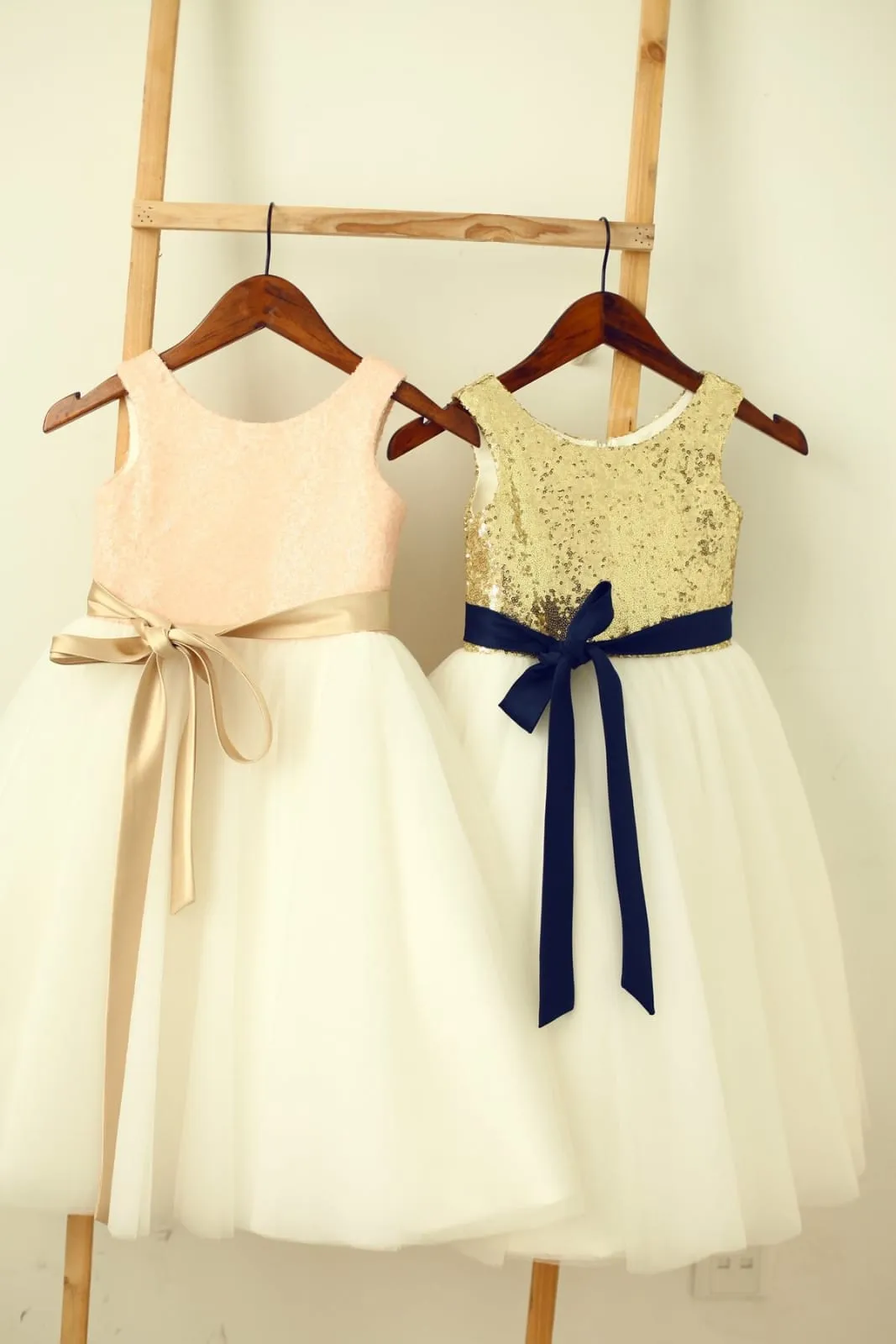 Blush / Gold Sequin Ivory Tulle Flower Girl Dress, Navy/Champagne Sash