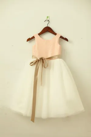 Blush / Gold Sequin Ivory Tulle Flower Girl Dress, Navy/Champagne Sash