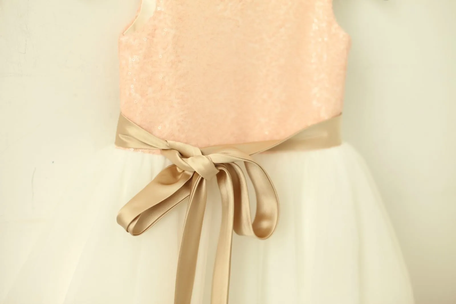 Blush / Gold Sequin Ivory Tulle Flower Girl Dress, Navy/Champagne Sash