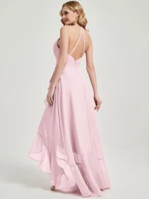 Blush Halter V-Neck Backless High Low Maxi Chiffon Bridesmaid Dress