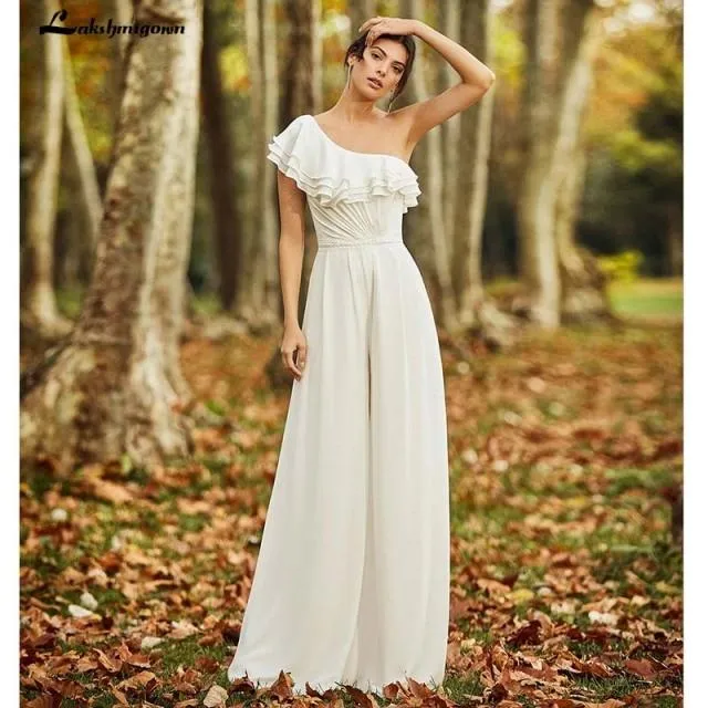Bohemian Wedding Jumpsuit One Shoulder Chiffon