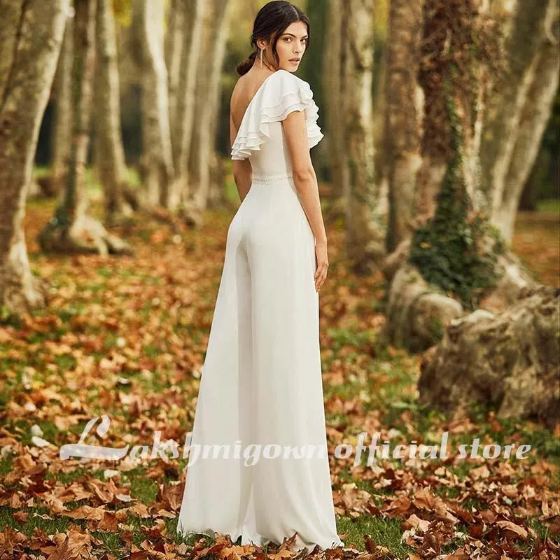 Bohemian Wedding Jumpsuit One Shoulder Chiffon