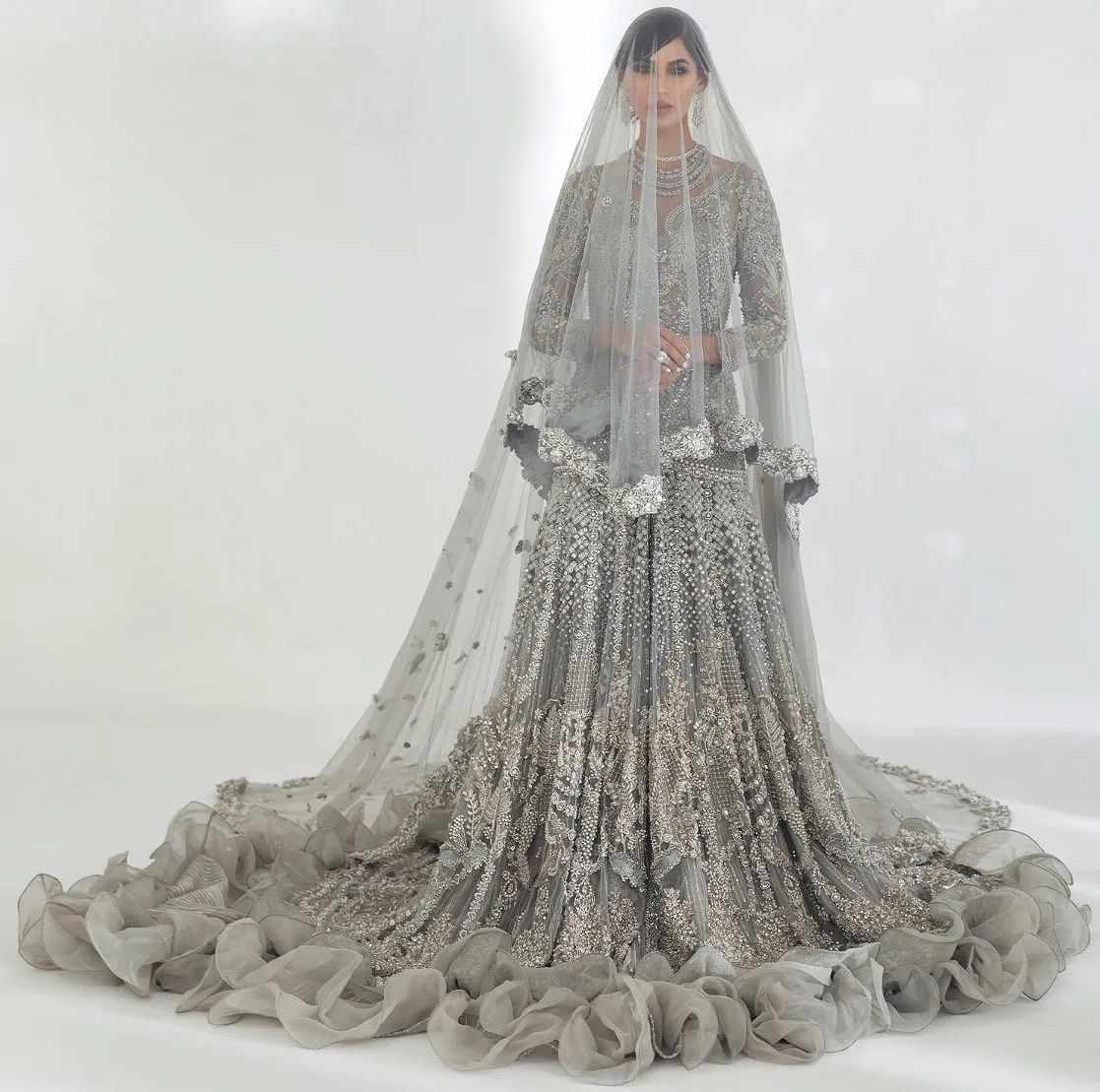 Bridal Silver Lehenga Blouse and Silver Dupatta for Lehenga