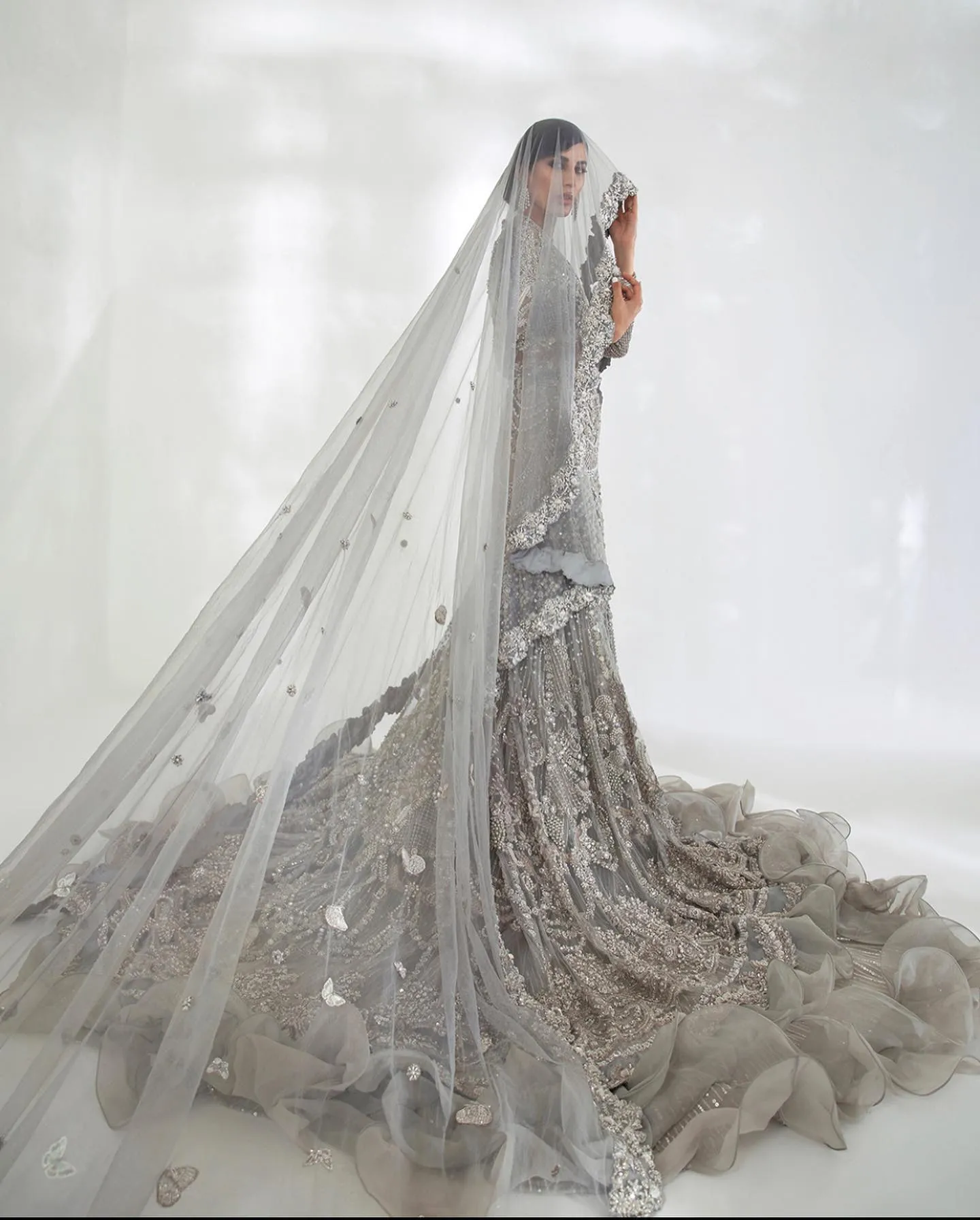 Bridal Silver Lehenga Blouse and Silver Dupatta for Lehenga