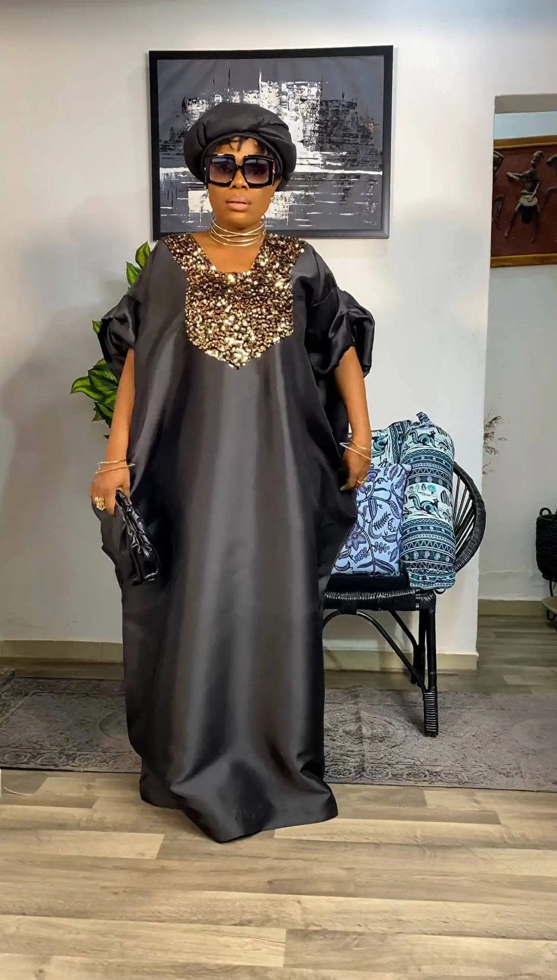 Buga Boubou Kaftan African dress- Mikado Silk fabric (Black)