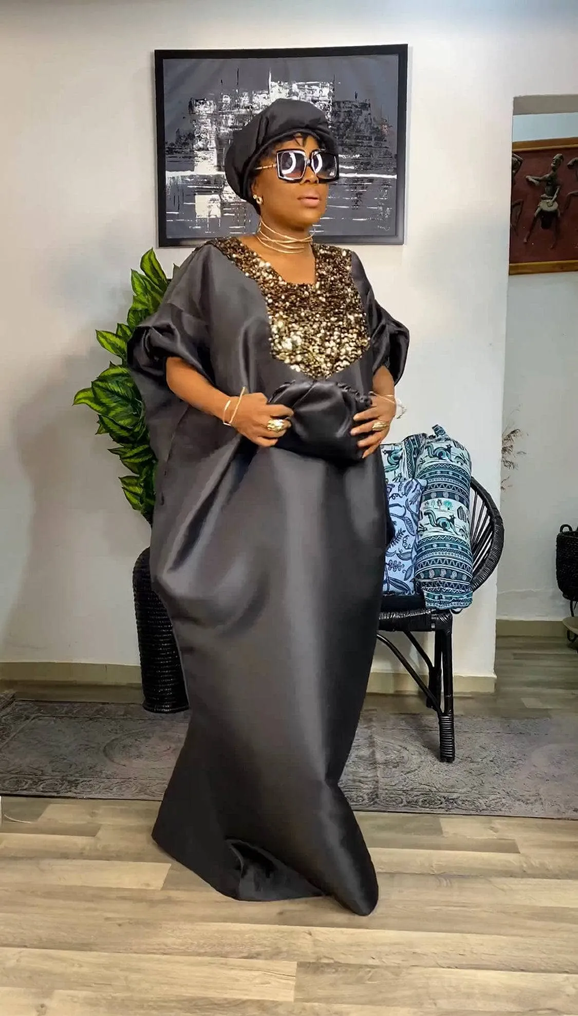 Buga Boubou Kaftan African dress- Mikado Silk fabric (Black)