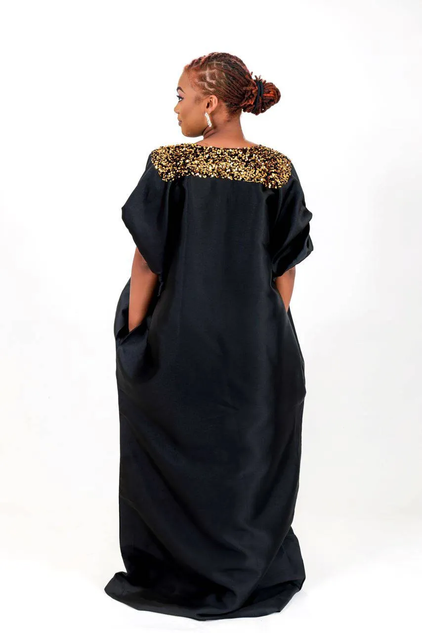 Buga Boubou Kaftan African dress- Mikado Silk fabric (Black)