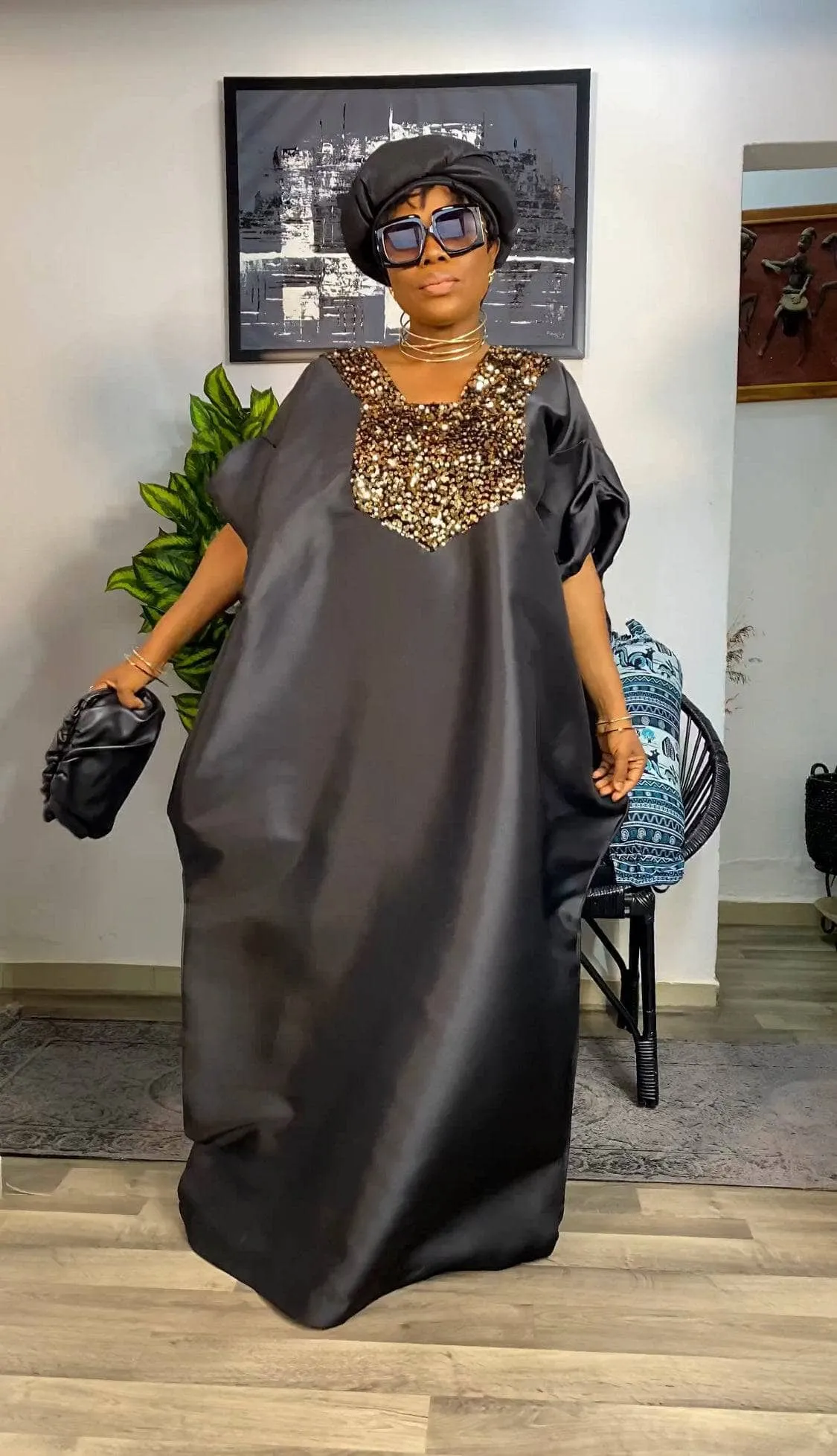 Buga Boubou Kaftan African dress- Mikado Silk fabric (Black)