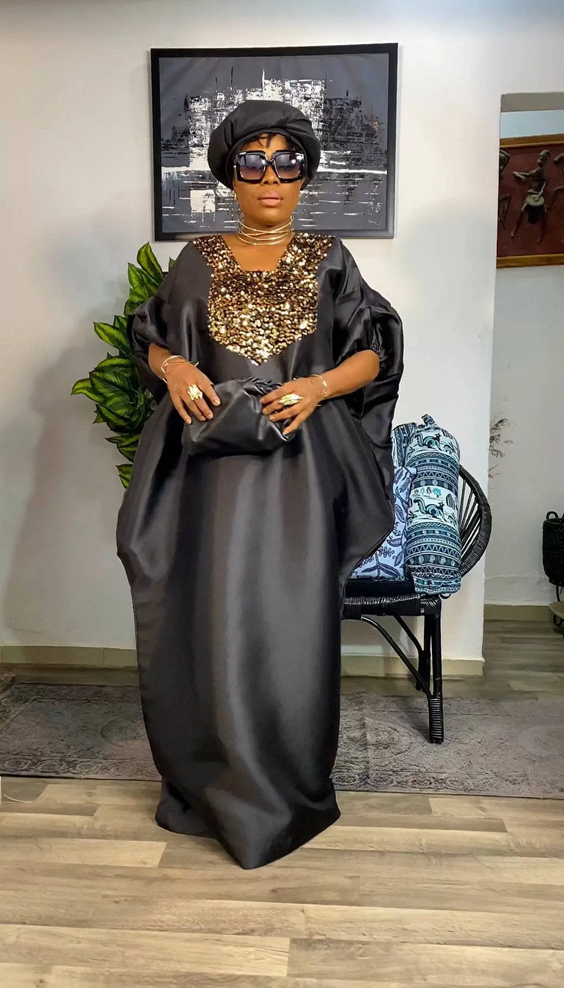 Buga Boubou Kaftan African dress- Mikado Silk fabric (Black)