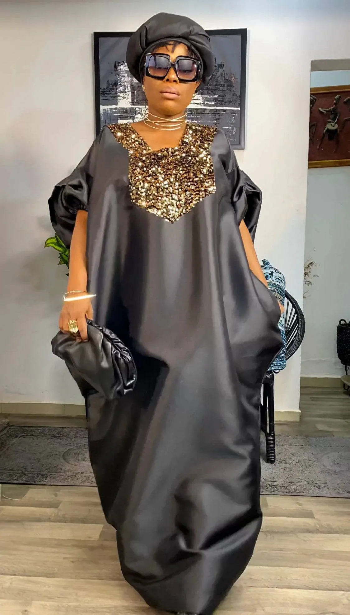 Buga Boubou Kaftan African dress- Mikado Silk fabric (Black)