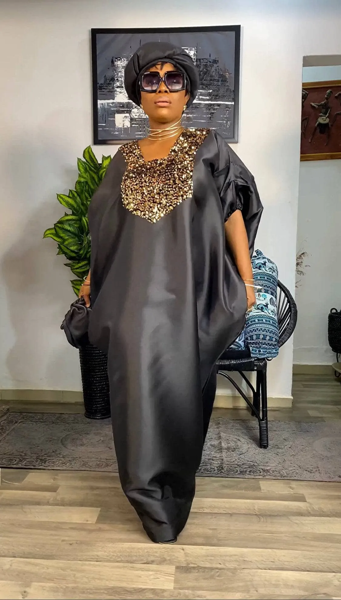 Buga Boubou Kaftan African dress- Mikado Silk fabric (Black)