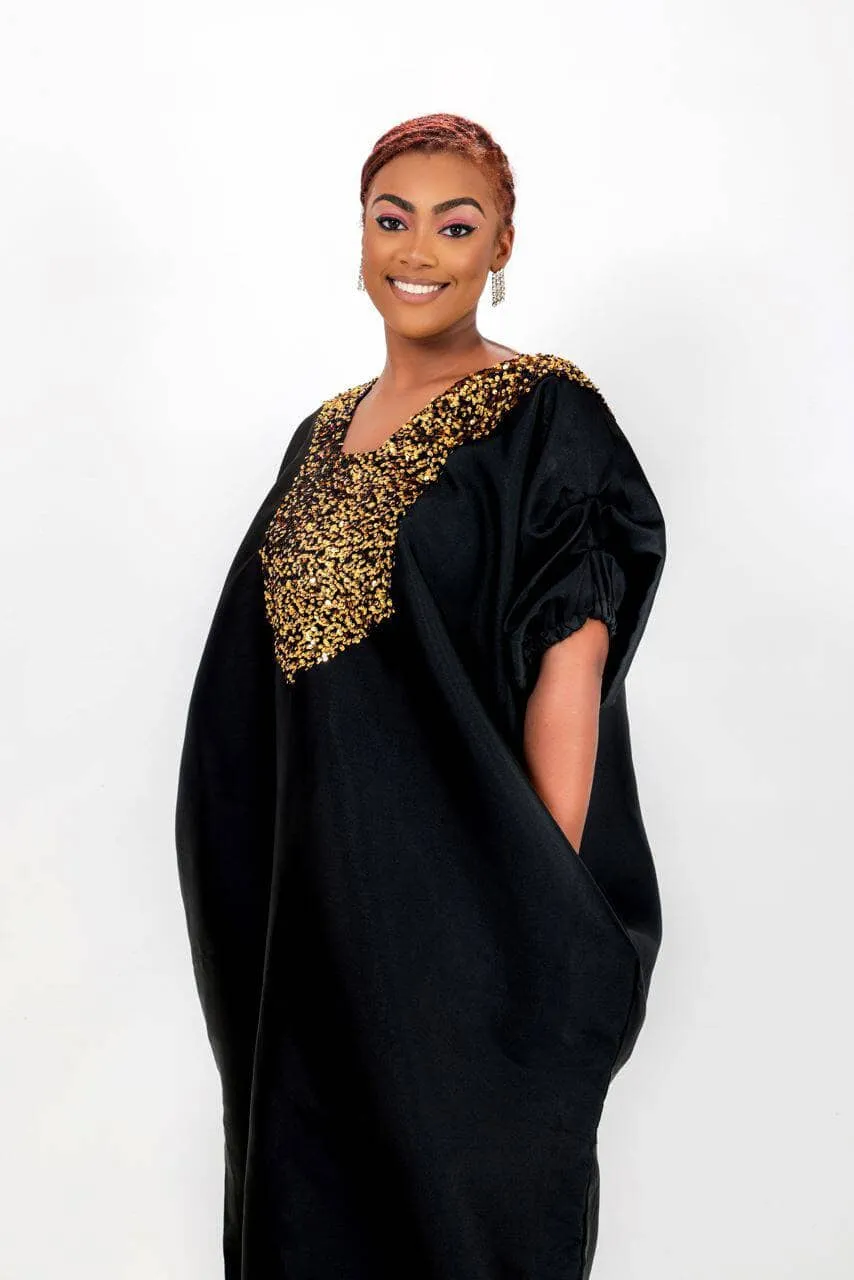 Buga Boubou Kaftan African dress- Mikado Silk fabric (Black)