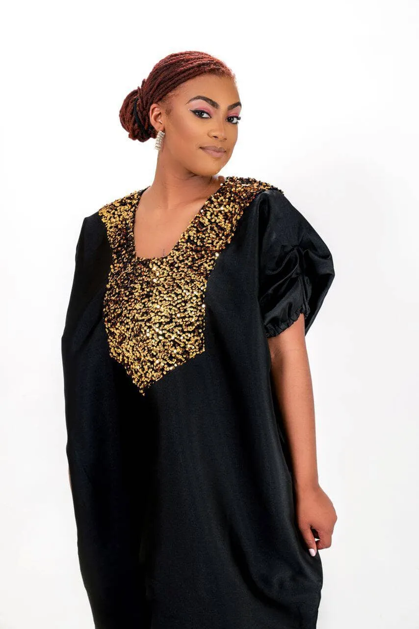 Buga Boubou Kaftan African dress- Mikado Silk fabric (Black)