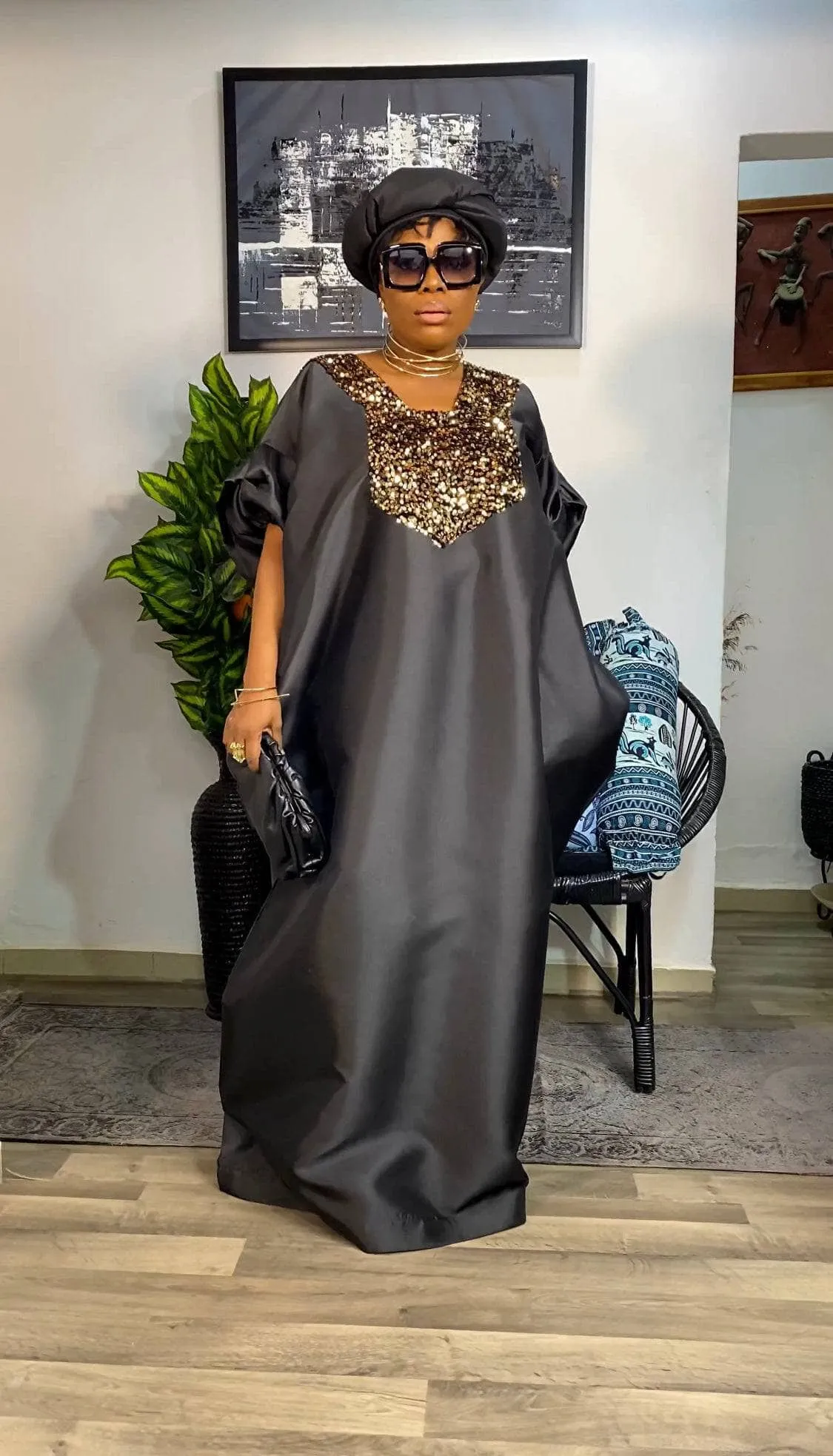 Buga Boubou Kaftan African dress- Mikado Silk fabric (Black)