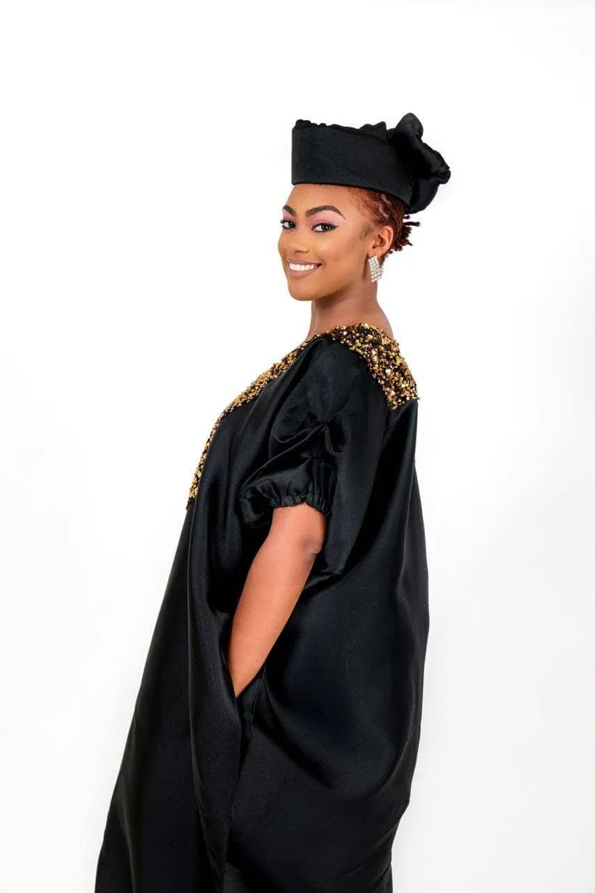 Buga Boubou Kaftan African dress- Mikado Silk fabric (Black)