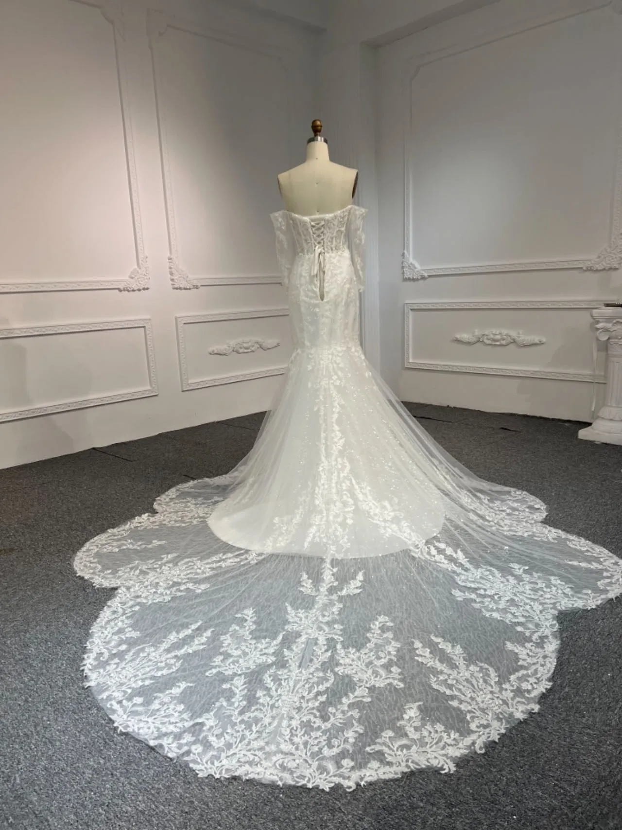 BYG#LB47 LACE BEADINGS MERMAID DRESS WEDDING DRESS WITH LONG SLEEVE