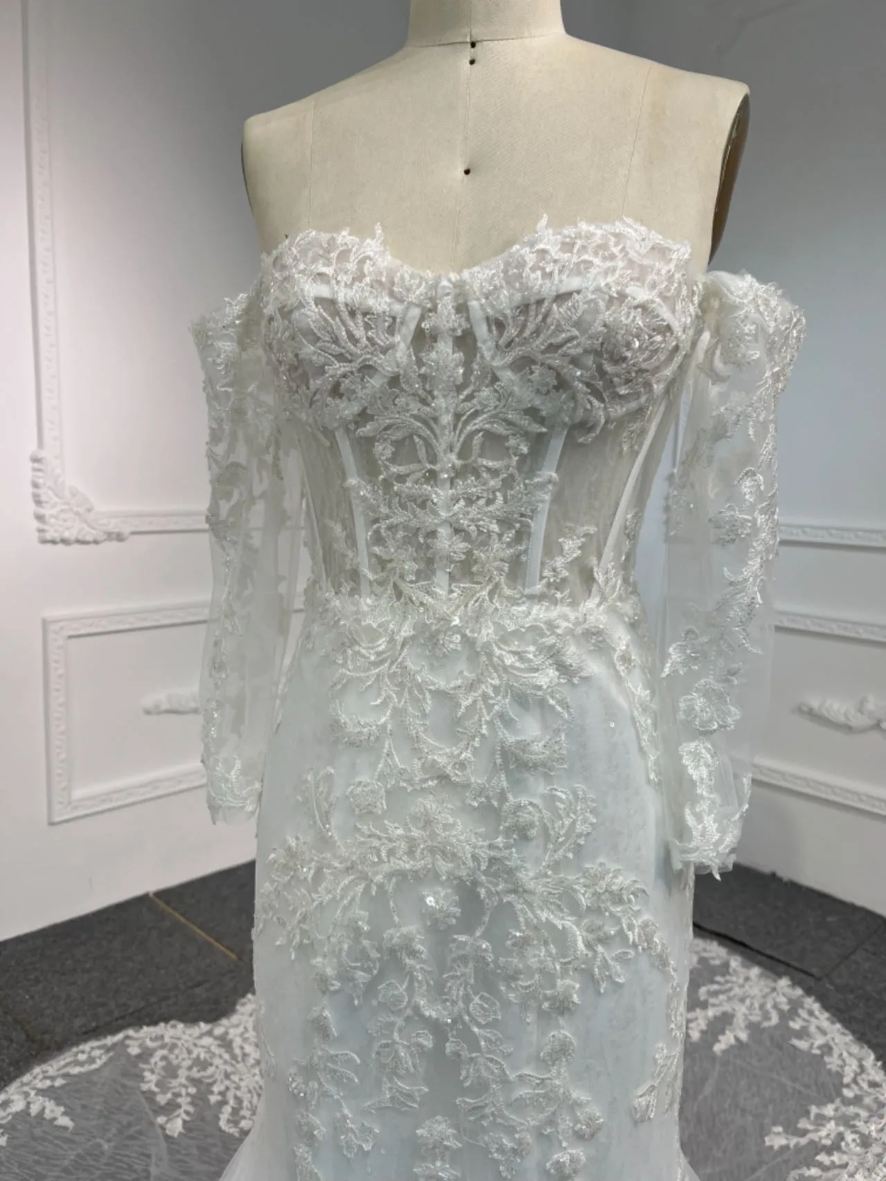 BYG#LB47 LACE BEADINGS MERMAID DRESS WEDDING DRESS WITH LONG SLEEVE