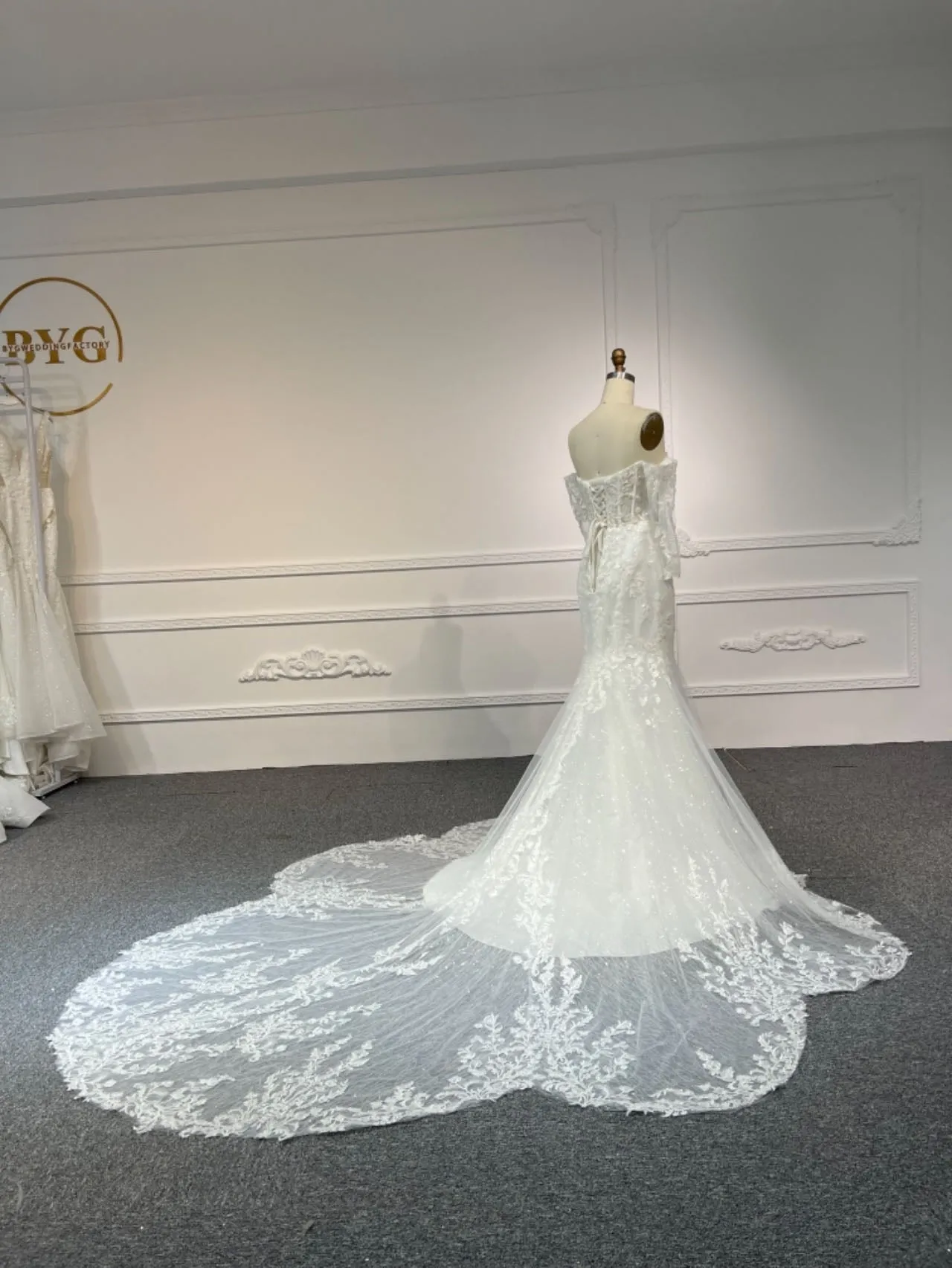BYG#LB47 LACE BEADINGS MERMAID DRESS WEDDING DRESS WITH LONG SLEEVE